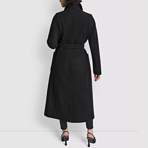 DKNY Women's Black Notched Collar Double Breasted Wrap Coat Size XL (MSRP $350) - Picture 2 of 8
